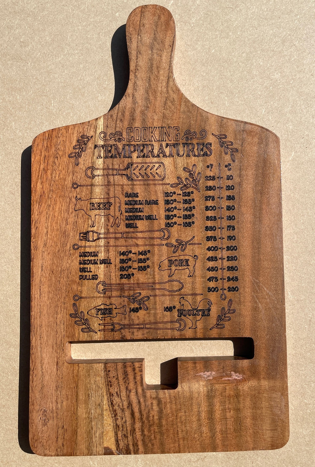 Acacia Tablet / Cookbook Stand, w/Conversions and Cooking Temperatures