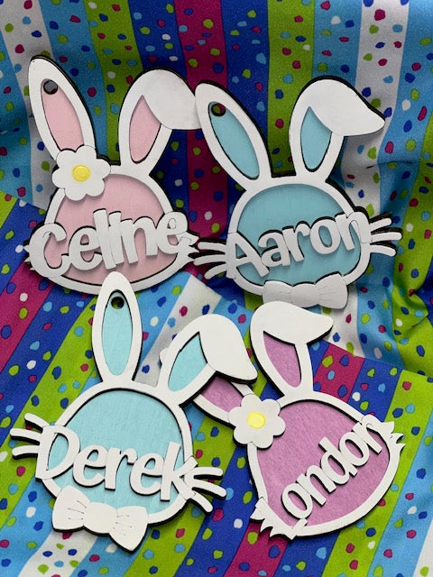 4 Easter Basket Tags the shape of a rabbit, the girls are in Light Pink and Light Purple, both of the boys are in Light Blue