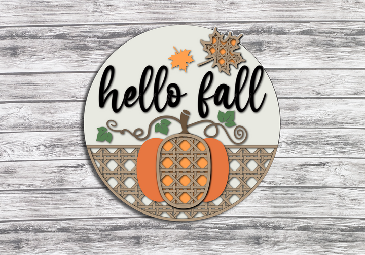 Hello Fall Rattan Pumpkin Door Hanger - Finished