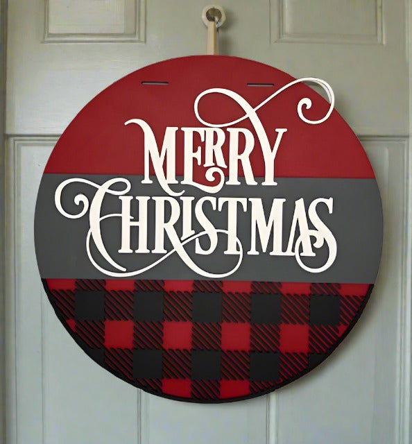 Merry Christmas Buffalo Plaid Door Hanger Sign - Finished
