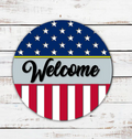 Welcome American Flag with Thin Line Door Hanger Sign - Finished
