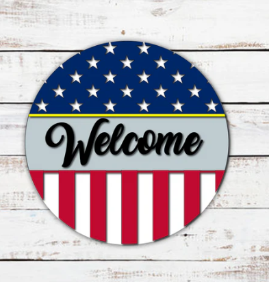 Welcome American Flag with Thin Line Door Hanger Sign - Finished