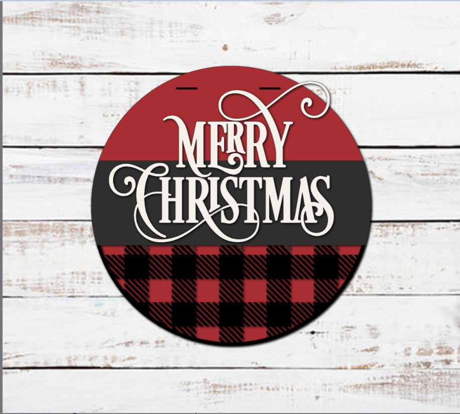 Merry Christmas Buffalo Plaid Door Hanger Sign - Finished