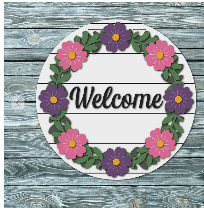 Welcome Flowers Wreath  16" Door Sign