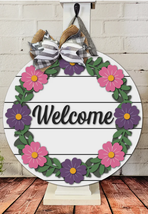 Welcome Flowers Wreath  16" Door Sign