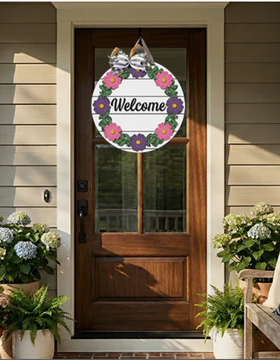 Welcome Flowers Wreath  16" Door Sign