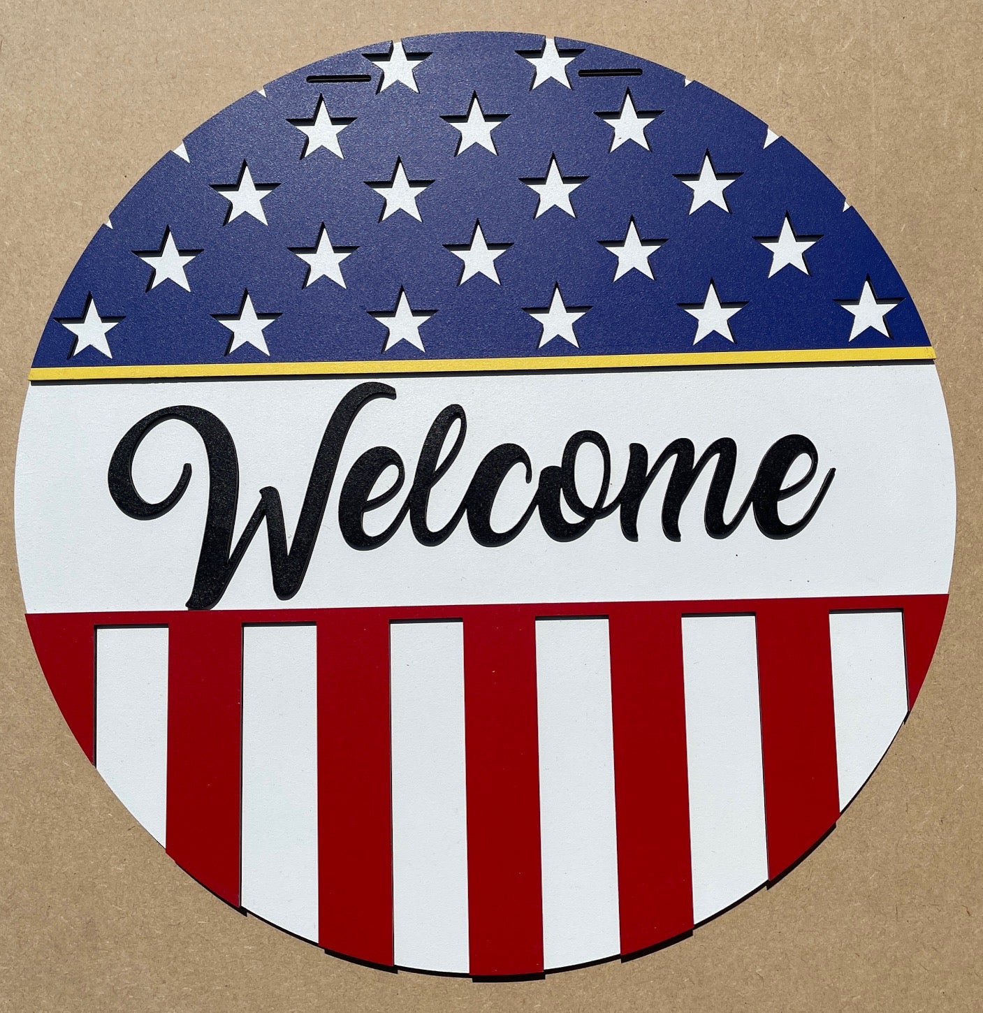 DIY Welcome American Flag with Thin Line Door Hanger Sign - Unfinished